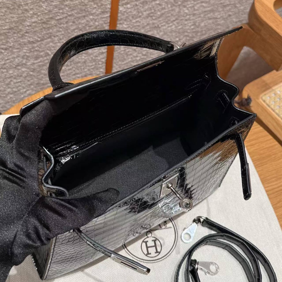 Hermes Kelly 25 Bag Handmade In Porosus Crocodile Leather From France Silver Hardware 89 Noir - Image 24