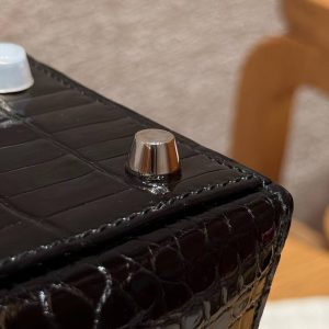 Hermes Kelly 25 Bag Handmade In Porosus Crocodile Leather From France Silver Hardware 89 Noir - Image 22