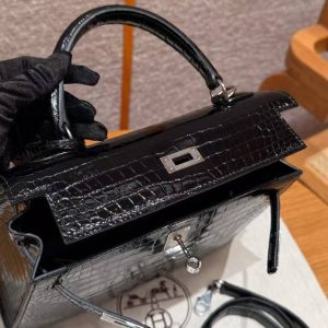 Hermes Kelly 25 Bag Handmade In Porosus Crocodile Leather From France Silver Hardware 89 Noir - Image 21