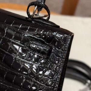 Hermes Kelly 25 Bag Handmade In Porosus Crocodile Leather From France Silver Hardware 89 Noir - Image 20