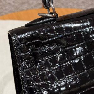 Hermes Kelly 25 Bag Handmade In Porosus Crocodile Leather From France Silver Hardware 89 Noir - Image 19
