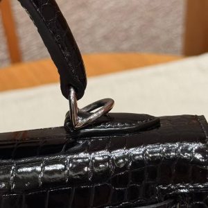 Hermes Kelly 25 Bag Handmade In Porosus Crocodile Leather From France Silver Hardware 89 Noir - Image 18