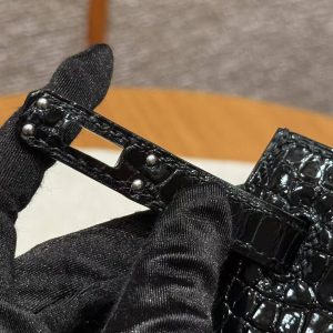 Hermes Kelly 25 Bag Handmade In Porosus Crocodile Leather From France Silver Hardware 89 Noir - Image 15