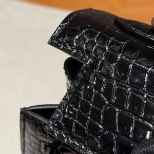 Hermes Kelly 25 Bag Handmade In Porosus Crocodile Leather From France Silver Hardware 89 Noir - Image 13