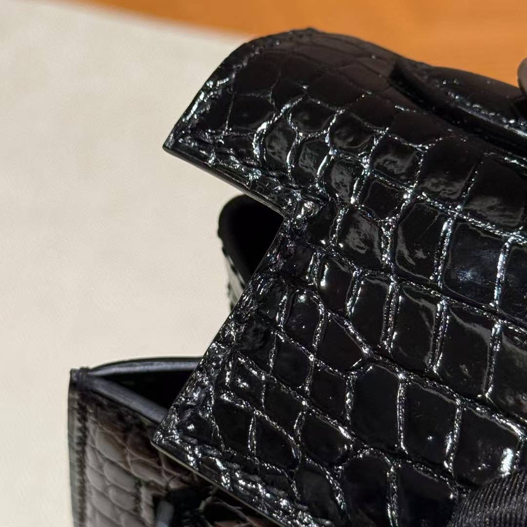Hermes Kelly 25 Bag Handmade In Porosus Crocodile Leather From France Silver Hardware 89 Noir - Image 13