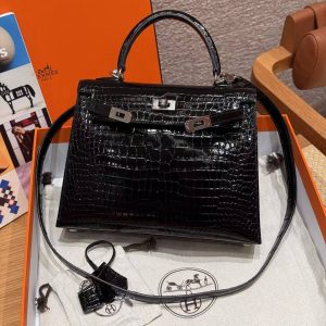 Hermes Kelly 25 Bag Handmade In Porosus Crocodile Leather From France Silver Hardware 89 Noir - Image 11