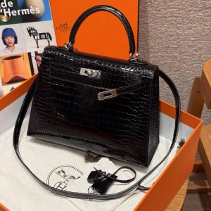 Hermes Kelly 25 Bag Handmade In Porosus Crocodile Leather From France Silver Hardware 89 Noir - Image 10