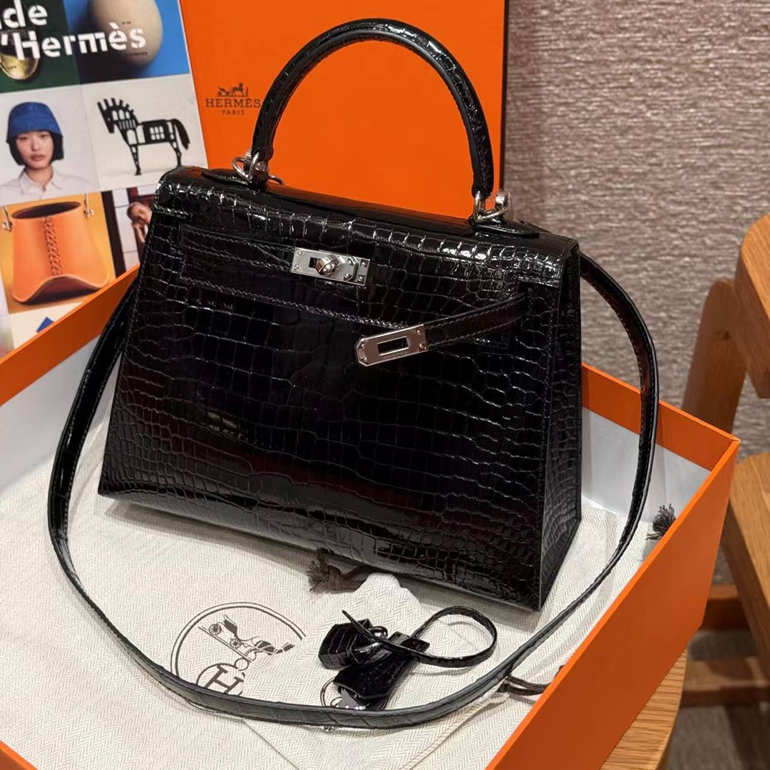 Hermes Kelly 25 Bag Handmade In Porosus Crocodile Leather From France Silver Hardware 89 Noir - Image 10