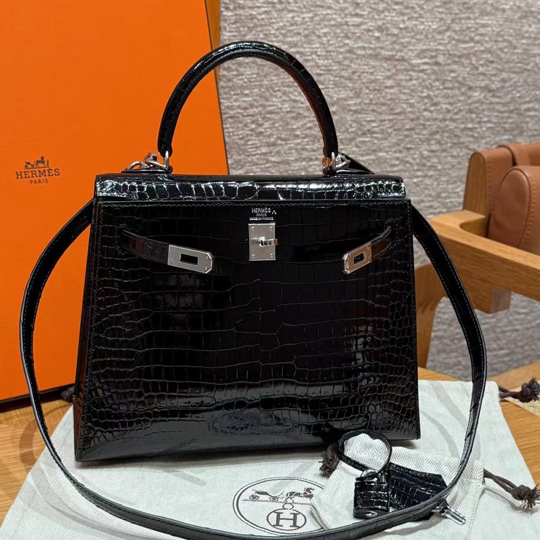 Hermes Kelly 25 Bag Handmade In Porosus Crocodile Leather From France Silver Hardware 89 Noir - Image 9