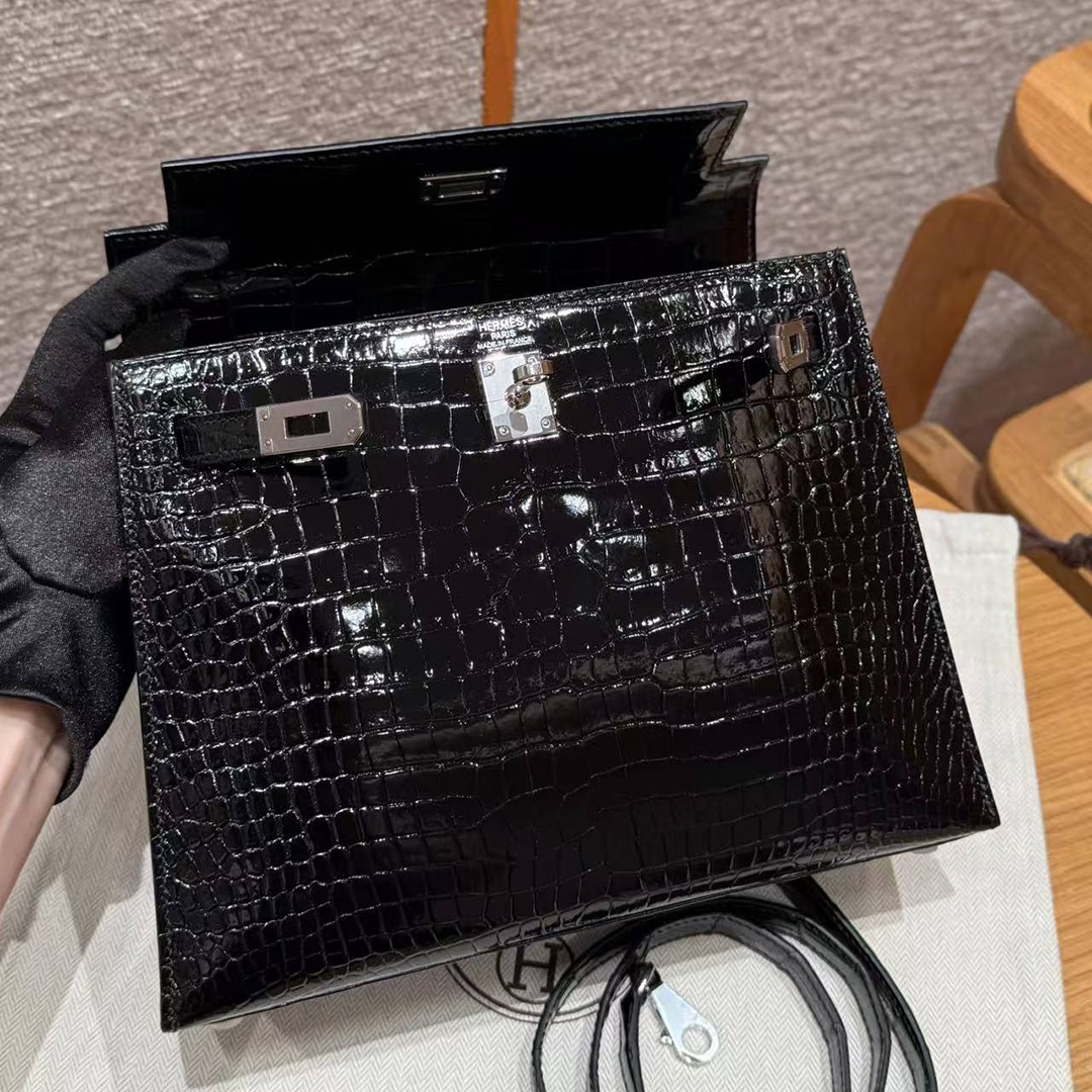 Hermes Kelly 25 Bag Handmade In Porosus Crocodile Leather From France Silver Hardware 89 Noir - Image 8