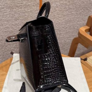 Hermes Kelly 25 Bag Handmade In Porosus Crocodile Leather From France Silver Hardware 89 Noir - Image 7