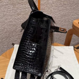 Hermes Kelly 25 Bag Handmade In Porosus Crocodile Leather From France Silver Hardware 89 Noir - Image 6