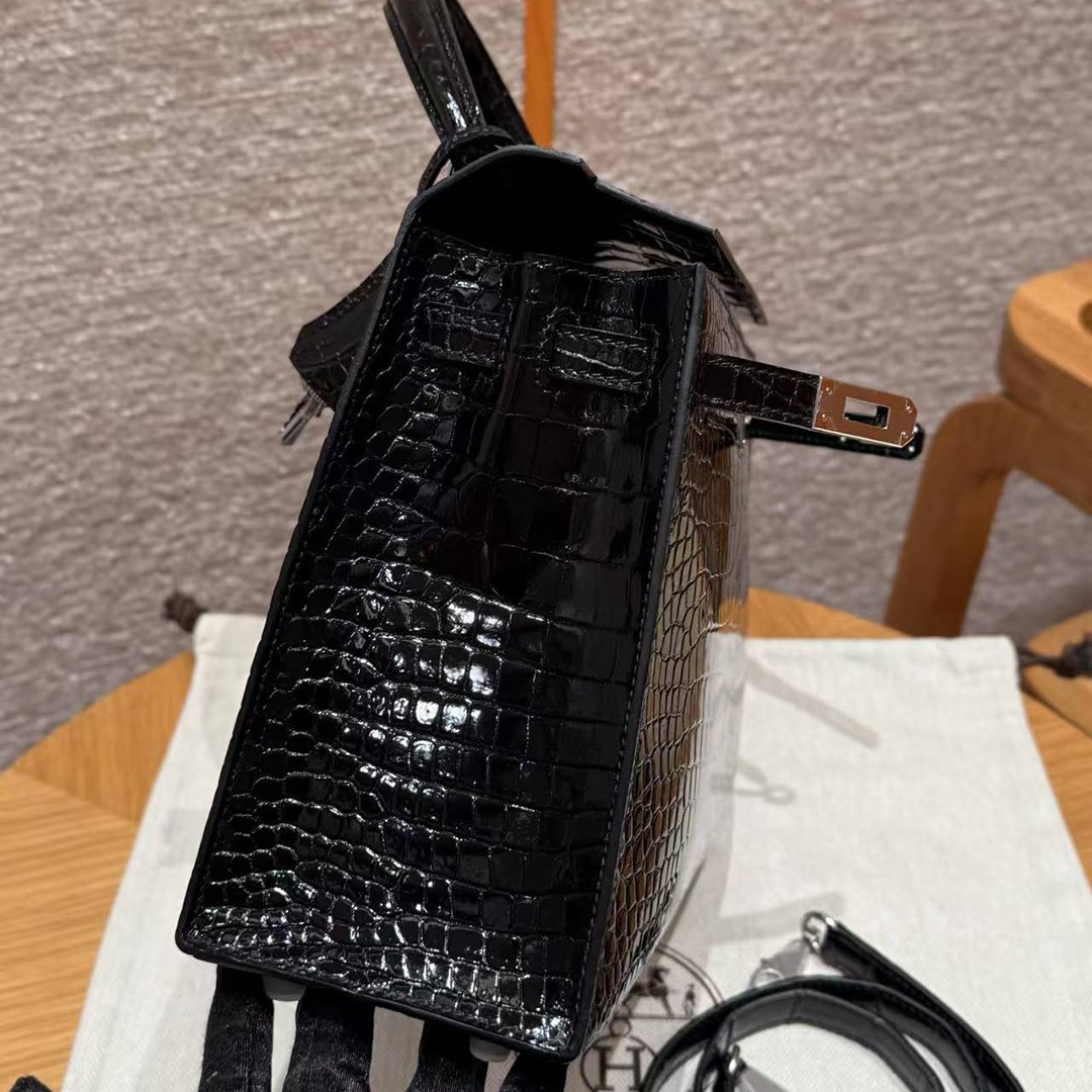 Hermes Kelly 25 Bag Handmade In Porosus Crocodile Leather From France Silver Hardware 89 Noir - Image 6