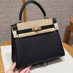 Hermes Kelly 25 Bag Handmade In Togo Calfskin Leather Gold Hardware 89 Noir