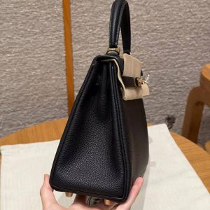 Hermes Kelly 25 Bag Handmade In Togo Calfskin Leather Gold Hardware 89 Noir - Image 21