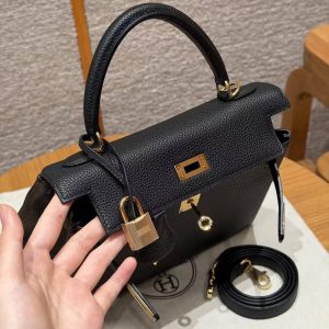 Hermes Kelly 25 Bag Handmade In Togo Calfskin Leather Gold Hardware 89 Noir - Image 14