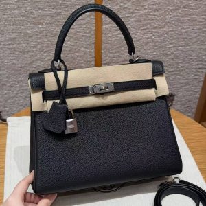 Hermes Kelly 25 Bag Handmade In Togo Calfskin Leather Silver Hardware 89 Noir - Image 2