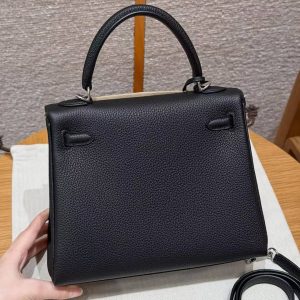 Hermes Kelly 25 Bag Handmade In Togo Calfskin Leather Silver Hardware 89 Noir - Image 21