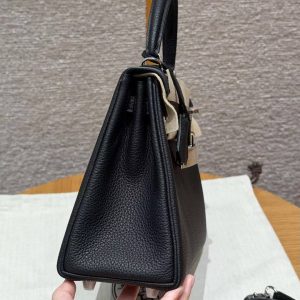 Hermes Kelly 25 Bag Handmade In Togo Calfskin Leather Silver Hardware 89 Noir - Image 20