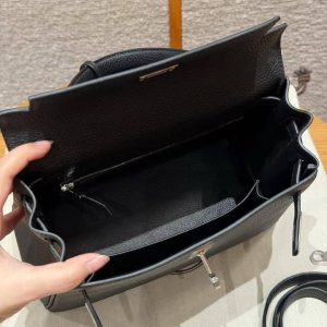 Hermes Kelly 25 Bag Handmade In Togo Calfskin Leather Silver Hardware 89 Noir - Image 17