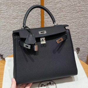 Hermes Kelly 25 Bag Handmade In Togo Calfskin Leather Silver Hardware 89 Noir