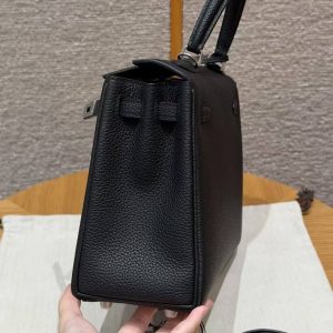 Hermes Kelly 25 Bag Handmade In Togo Calfskin Leather Silver Hardware 89 Noir - Image 13