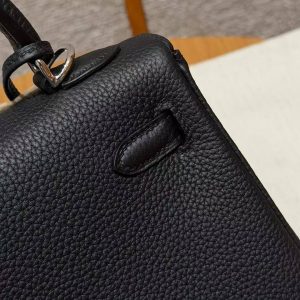 Hermes Kelly 25 Bag Handmade In Togo Calfskin Leather Silver Hardware 89 Noir - Image 7