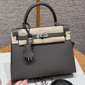 Hermes Kelly 25 Bag Handmade In Epsom Calfskin Leather Silver Hardware 8F Etain