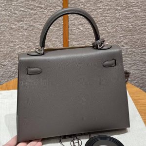 Hermes Kelly 25 Bag Handmade In Epsom Calfskin Leather Silver Hardware 8F Etain - Image 2