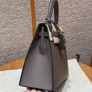 Hermes Kelly 25 Bag Handmade In Epsom Calfskin Leather Silver Hardware 8F Etain - Image 17
