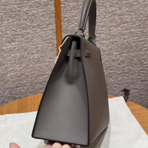 Hermes Kelly 25 Bag Handmade In Epsom Calfskin Leather Silver Hardware 8F Etain - Image 16