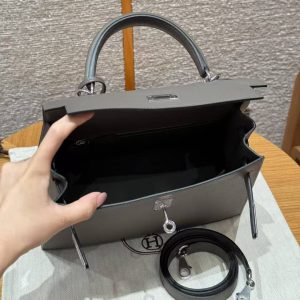 Hermes Kelly 25 Bag Handmade In Epsom Calfskin Leather Silver Hardware 8F Etain - Image 14