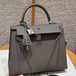 Hermes Kelly 25 Bag Handmade In Epsom Calfskin Leather Silver Hardware 8F Etain - Image 11
