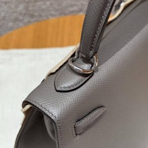 Hermes Kelly 25 Bag Handmade In Epsom Calfskin Leather Silver Hardware 8F Etain - Image 8
