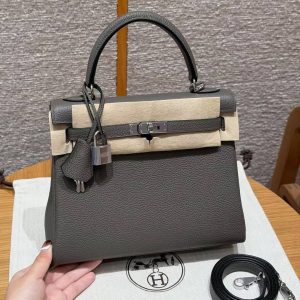 Hermes Kelly 25 Bag Handmade In Togo Calfskin Leather Silver Hardware 8F Etain