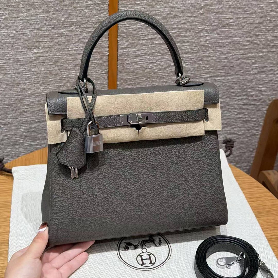 Hermes Kelly 25 Bag Handmade In Togo Calfskin Leather Silver Hardware 8F Etain