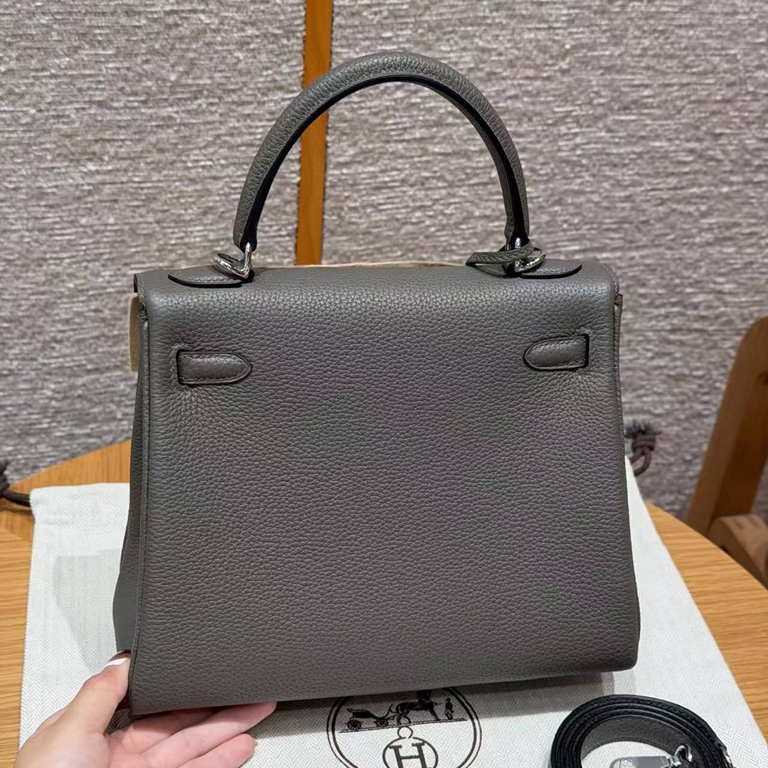 Hermes Kelly 25 Bag Handmade In Togo Calfskin Leather Silver Hardware 8F Etain - Image 2