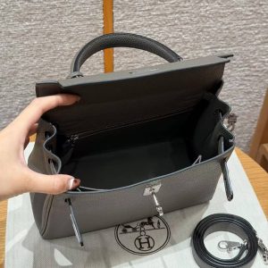 Hermes Kelly 25 Bag Handmade In Togo Calfskin Leather Silver Hardware 8F Etain - Image 15