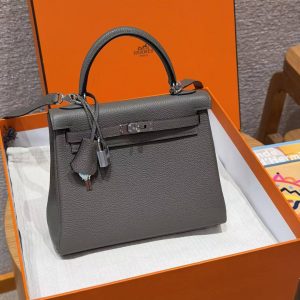 Hermes Kelly 25 Bag Handmade In Togo Calfskin Leather Silver Hardware 8F Etain - Image 10