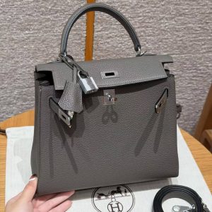 Hermes Kelly 25 Bag Handmade In Togo Calfskin Leather Silver Hardware 8F Etain - Image 9