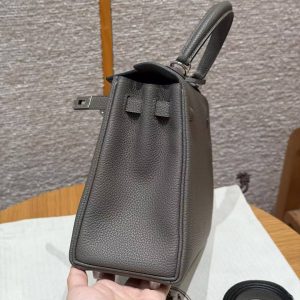 Hermes Kelly 25 Bag Handmade In Togo Calfskin Leather Silver Hardware 8F Etain - Image 8