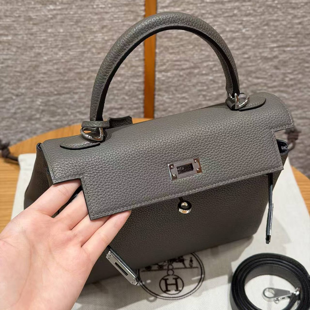 Hermes Kelly 25 Bag Handmade In Togo Calfskin Leather Silver Hardware 8F Etain - Image 7