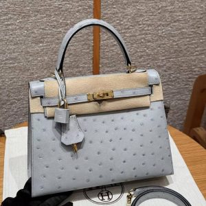 Hermes Kelly 25 Bag Handmade In KK Ostrich Leather from South Africa Gold Hardware 8u Blue Giacier