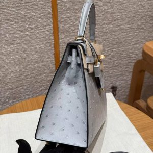 Hermes Kelly 25 Bag Handmade In KK Ostrich Leather from South Africa Gold Hardware 8u Blue Giacier - Image 20