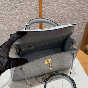 Hermes Kelly 25 Bag Handmade In KK Ostrich Leather from South Africa Gold Hardware 8u Blue Giacier - Image 18