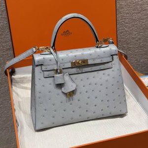 Hermes Kelly 25 Bag Handmade In KK Ostrich Leather from South Africa Gold Hardware 8u Blue Giacier - Image 13