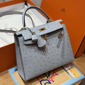 Hermes Kelly 25 Bag Handmade In KK Ostrich Leather from South Africa Gold Hardware 8u Blue Giacier - Image 12