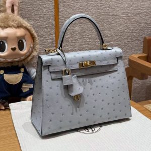Hermes Kelly 25 Bag Handmade In KK Ostrich Leather from South Africa Gold Hardware 8u Blue Giacier - Image 11