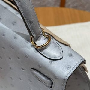 Hermes Kelly 25 Bag Handmade In KK Ostrich Leather from South Africa Gold Hardware 8u Blue Giacier - Image 10