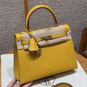 Hermes Kelly 25 Bag Handmade In Epsom Calfskin Leather Gold Hardware 9D Jaune Ambre